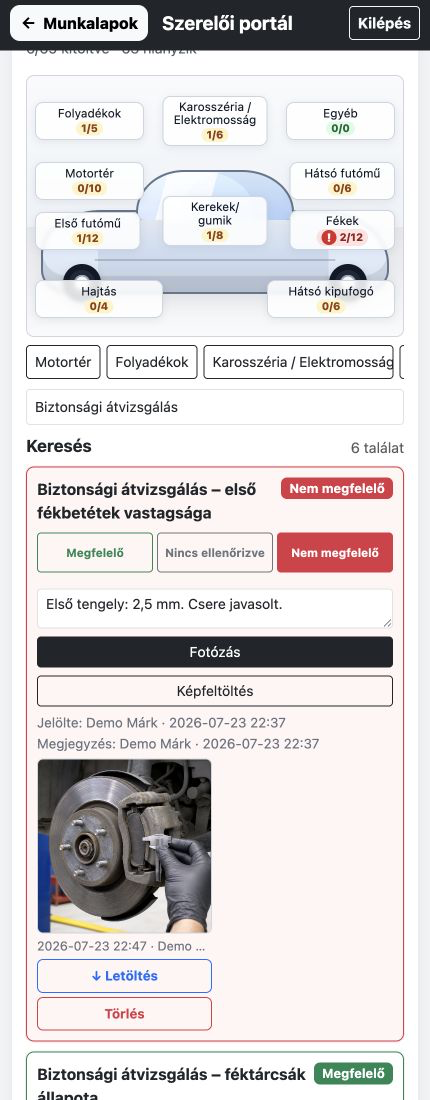CentrumOS digitális checklist fékellenőrzéssel és demófotóval